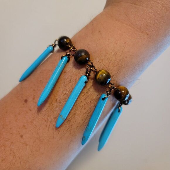 Handmade Tiger's Eye Turquoise Spike Chain Bracelet - Picture 1 of 5